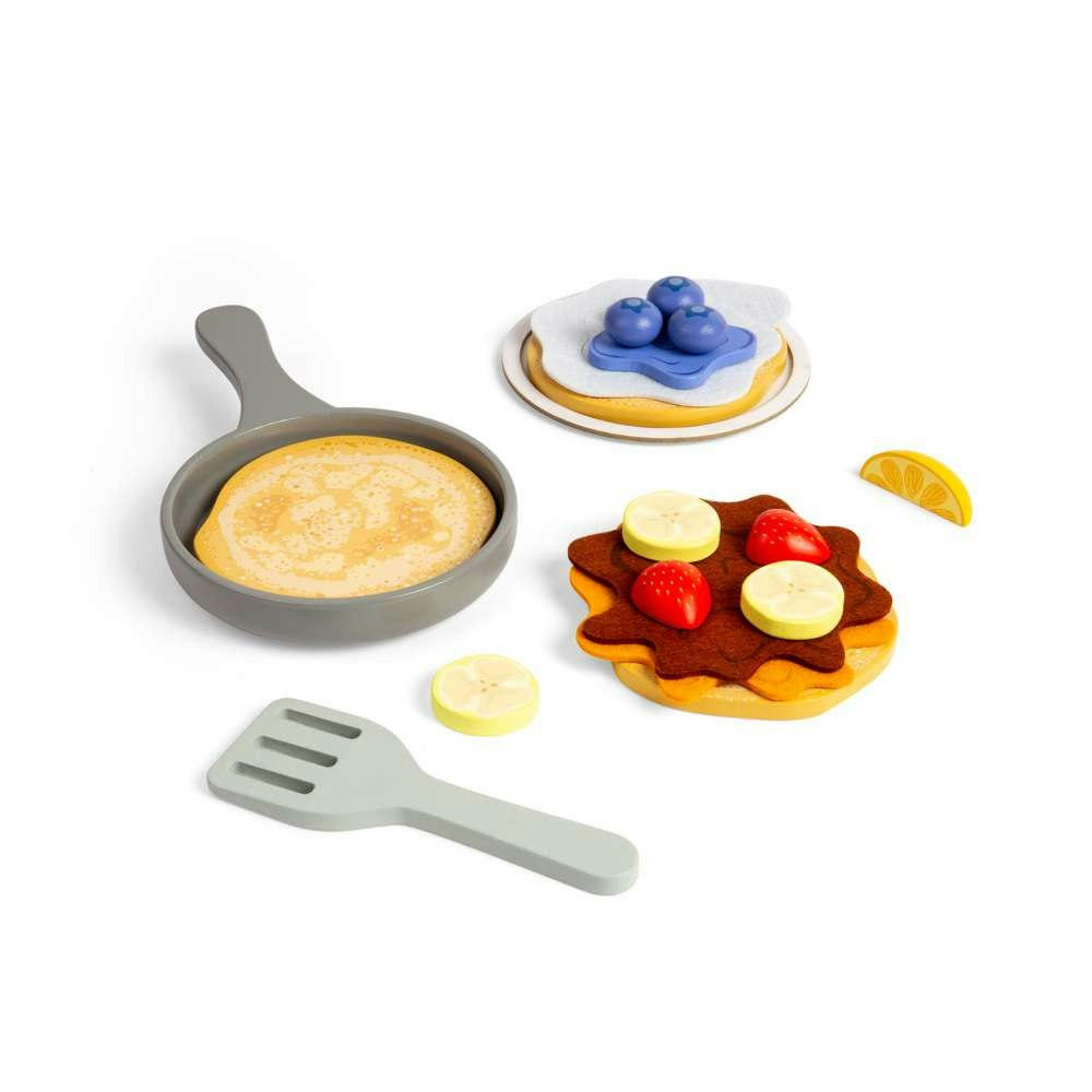 Kids Wooden Play Food Pancake Set with Frying Pan & Toppings
