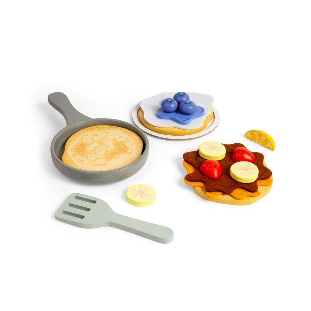 Kids Wooden Play Food Pancake Set with Frying Pan & Toppings