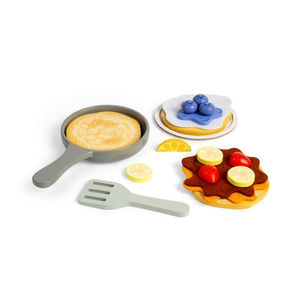 Kids Wooden Play Food Pancake Set with Frying Pan & Toppings