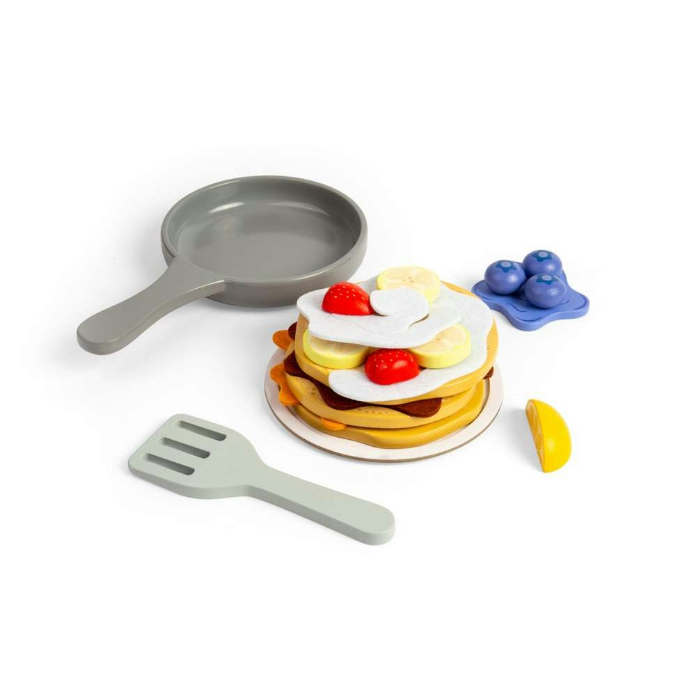 Kids Wooden Play Food Pancake Set with Frying Pan & Toppings
